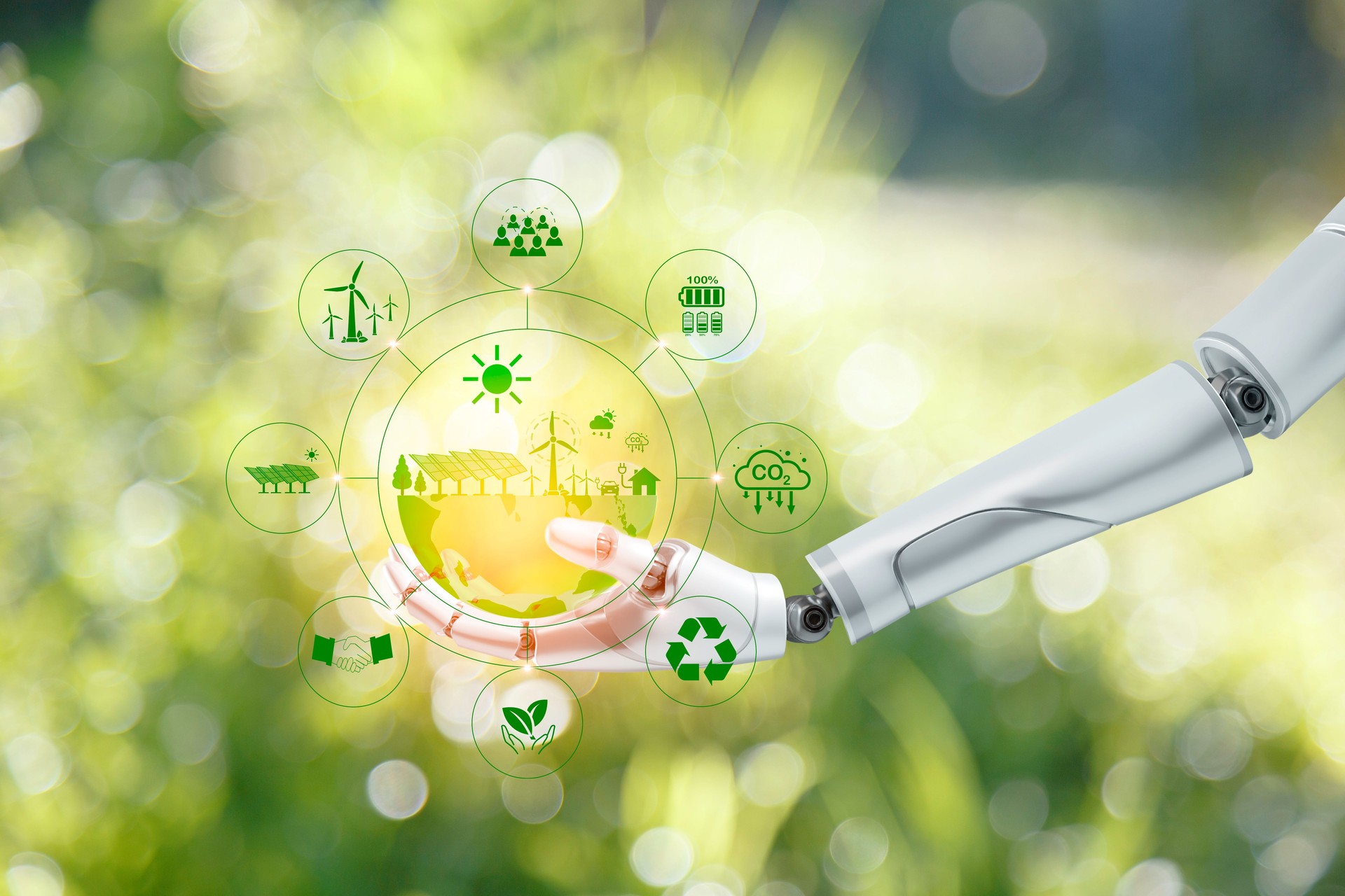 green energy system. AI machine learning, robotic hand touching  world icon on green nature blur background. Net zero in 2050 year. Green energy icon around it. Net zero emission Idea innovative.