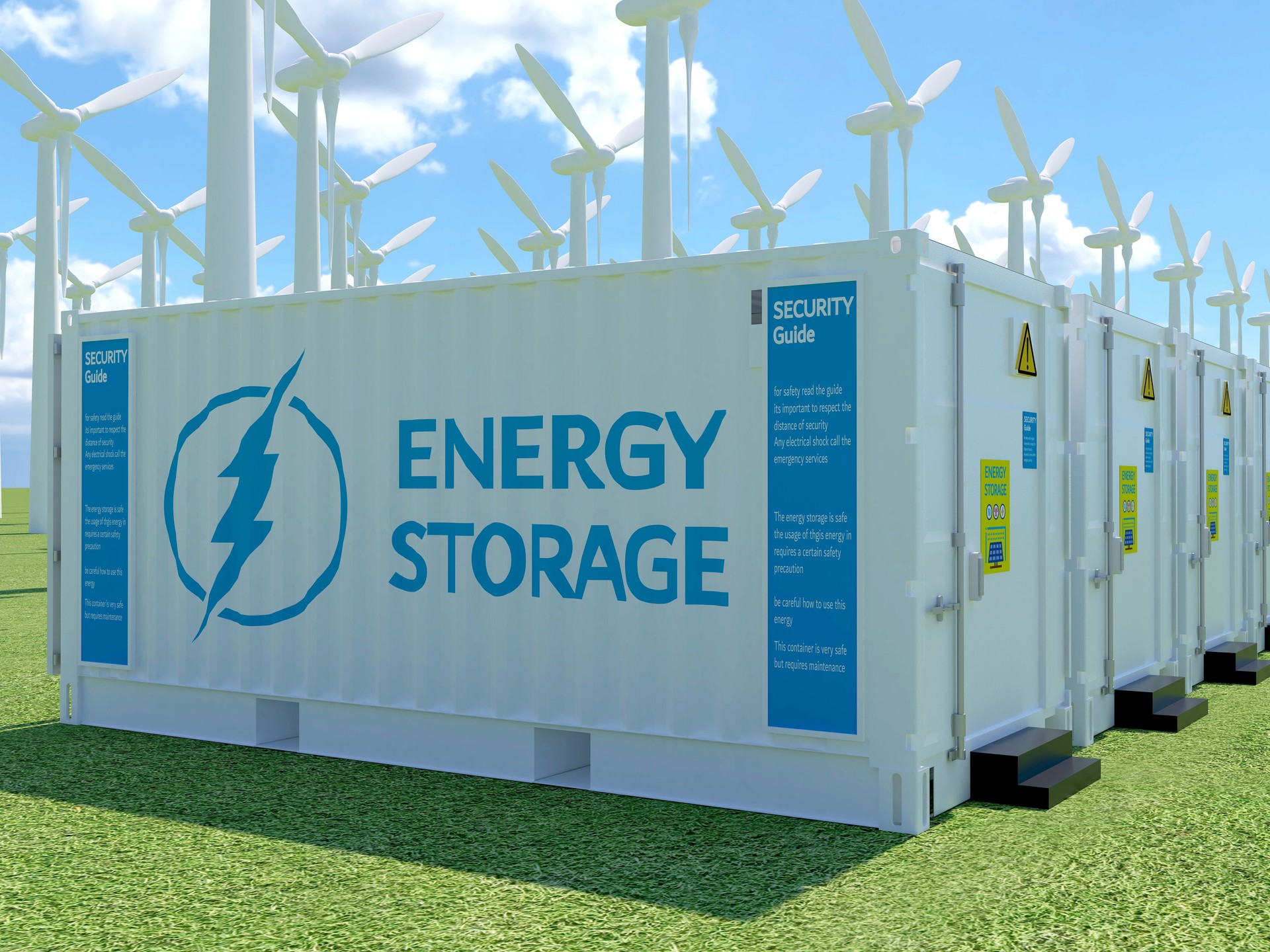Rechargeable Battery energy storage system containers sustainable and renewable power electricity plus a wind turbine farm in the background. 3d rendering illustration